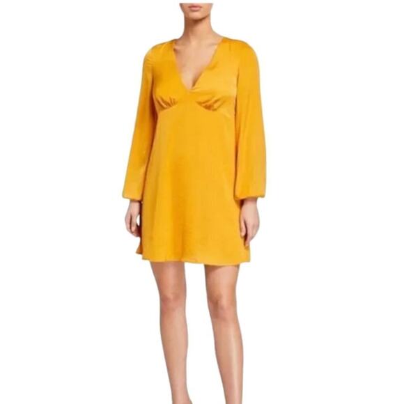 BCBGeneration Mustard Yellow Balloon Sleeve V-Neck Silky Dress Size 8 - Picture 1 of 7